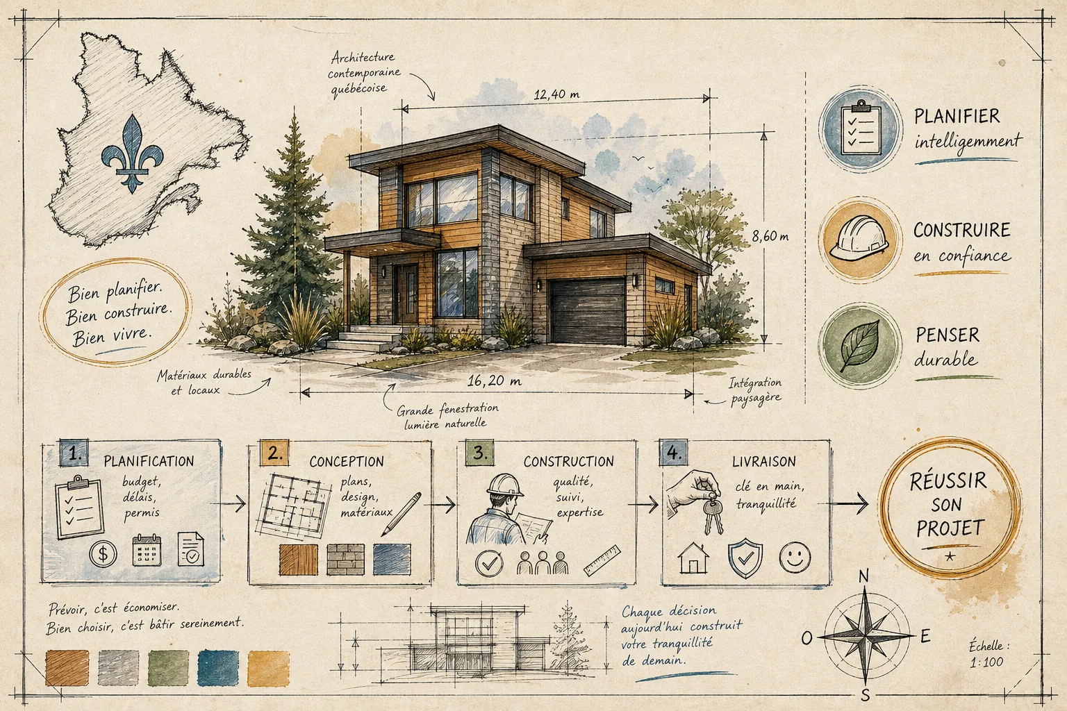 Infographie des quatre étapes d'un projet de construction neuve au Québec — planification, conception, construction et livraison — avec maison contemporaine québécoise.