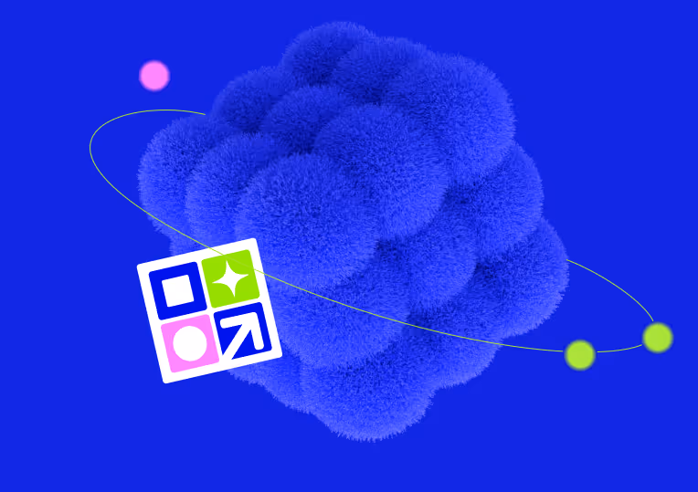 Fuzzy 3D blue sphere cluster floating against a vibrant blue background, with neon-colored orbiting dots and a tilted grid of colorful geometric icons in the foreground.