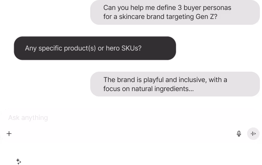 Chat interface titled ‘Asset settings’ showing a conversation about defining buyer personas for a Gen Z skincare brand, with a focus on natural ingredients and a playful, inclusive tone.
