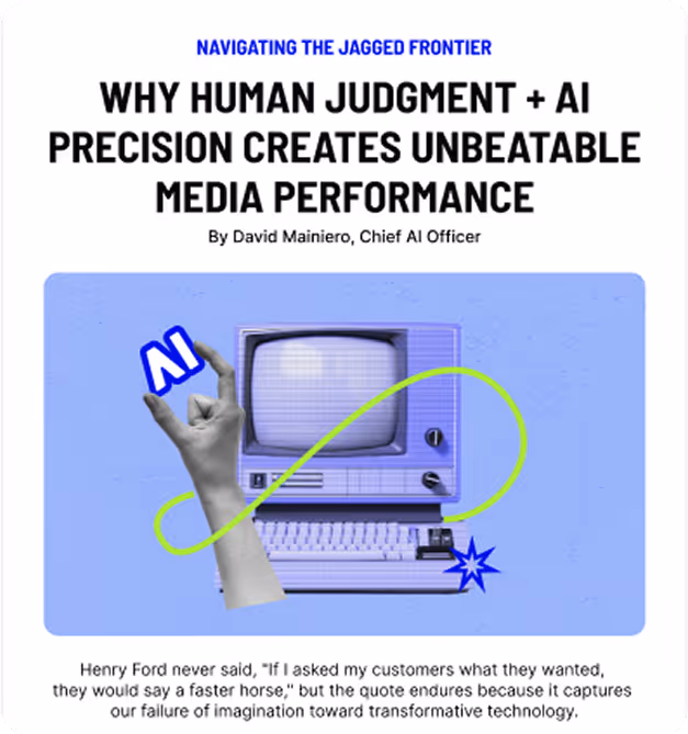 Social media graphic with a retro computer and the text ‘Why Human Judgment + AI Precision Creates Unbeatable Media Performance’ in bold.