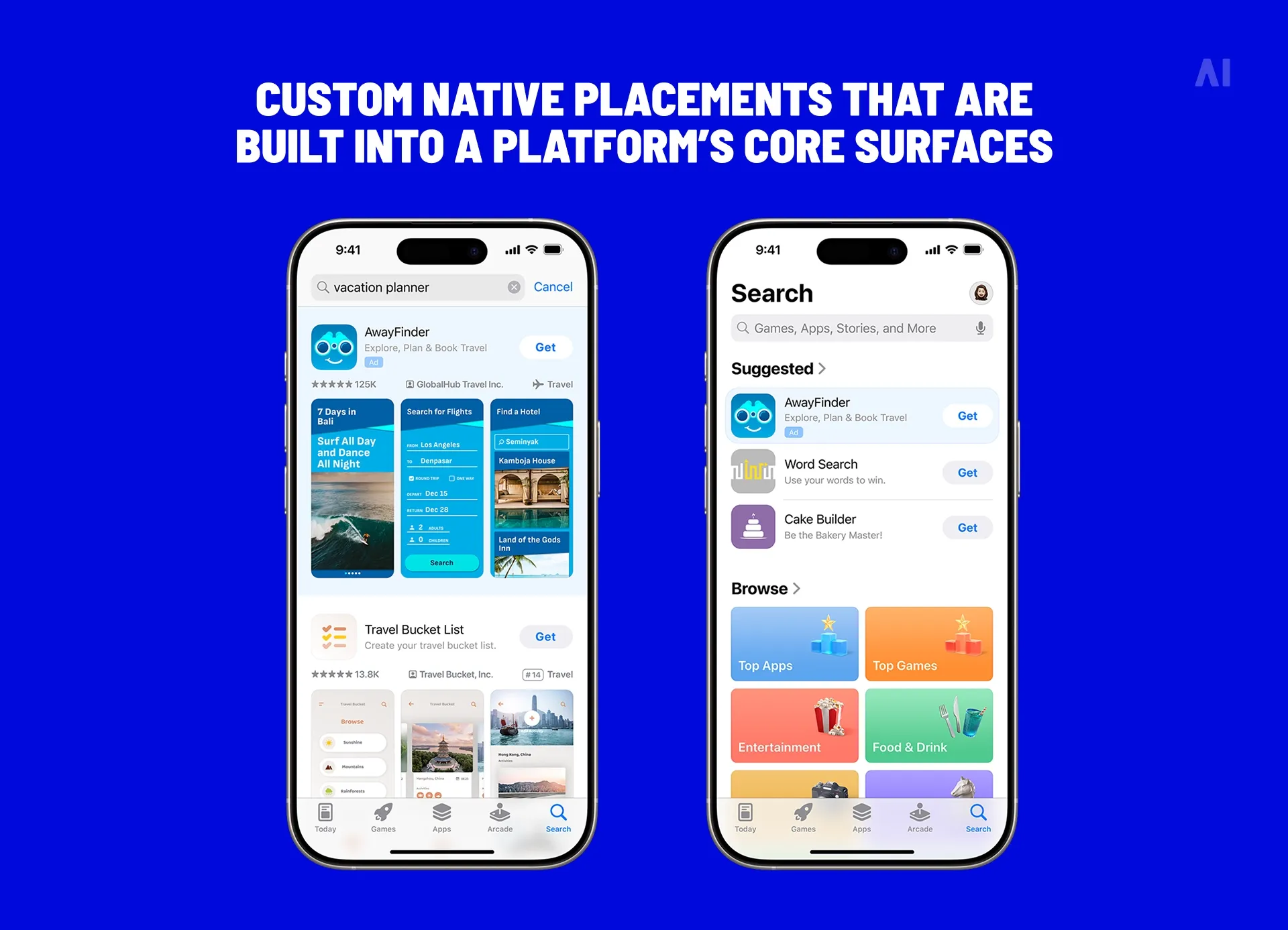 Custom native placements that are built into a platform’s core surfaces 