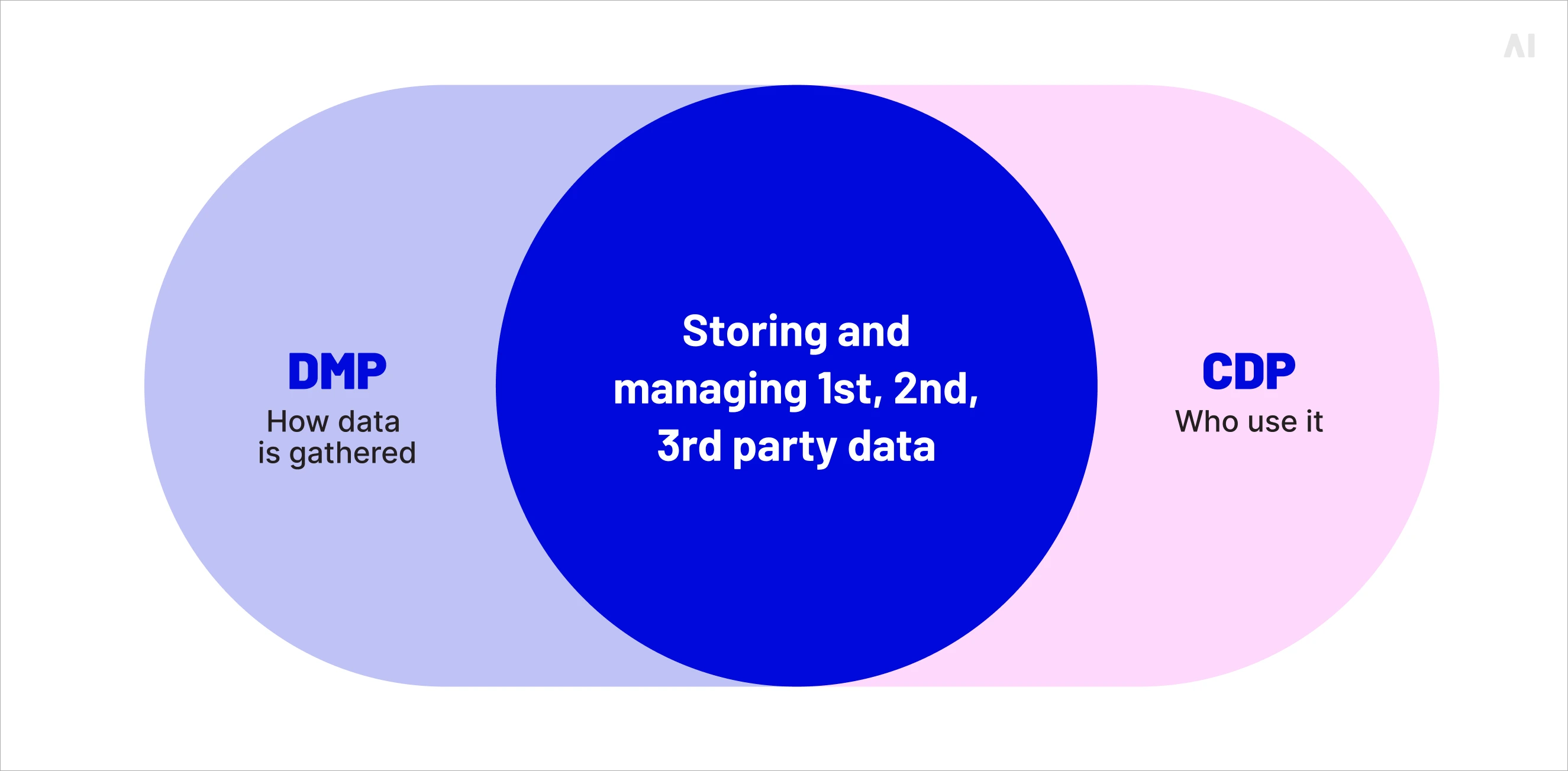 CDP vs DMP diagram comparing customer data platform and data management platform capabilities