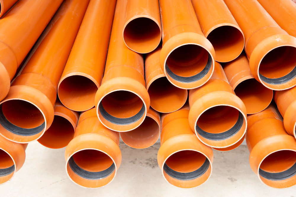 Stack of orange plastic sewer pipes with rubber gaskets inside the ends.