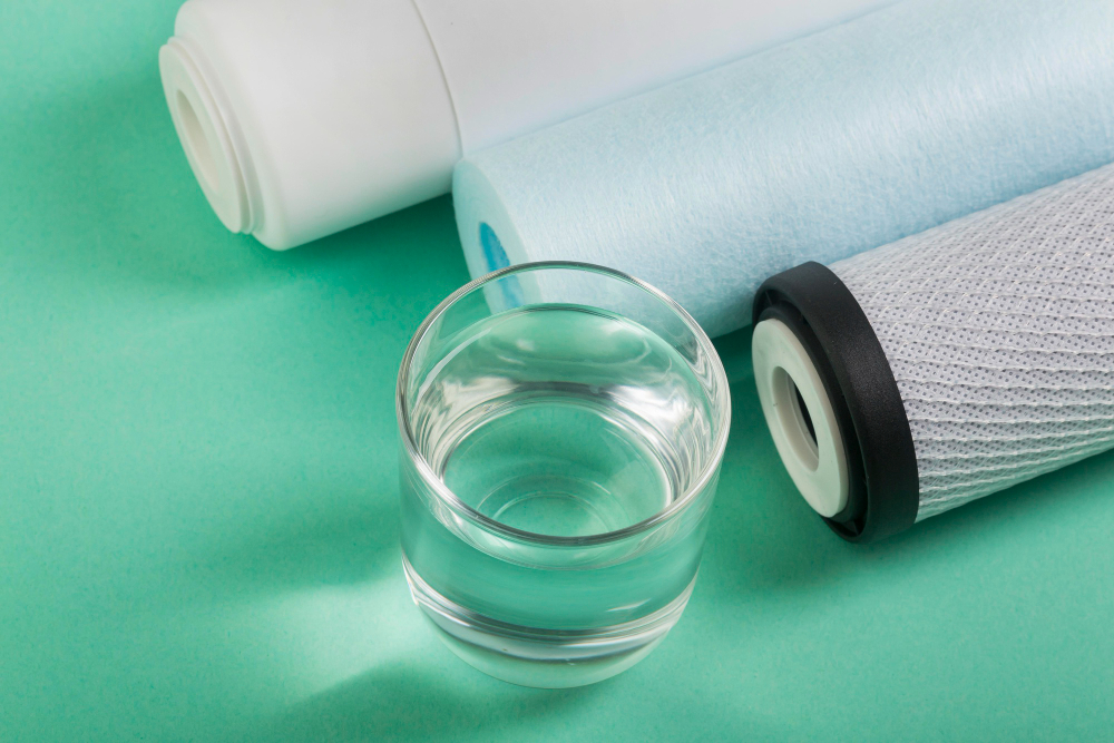 Glass of clear water next to three cylindrical water filter cartridges on a green surface.