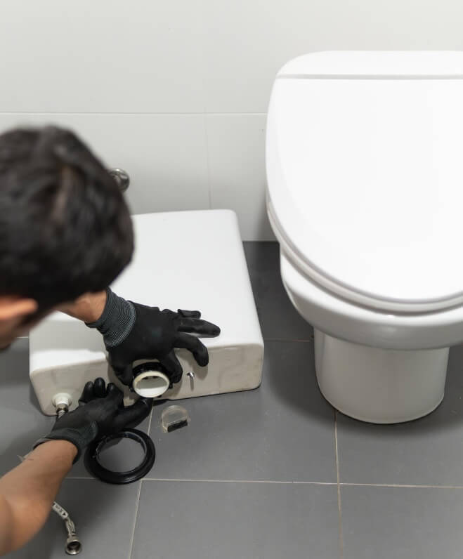 Person wearing black gloves repairing a toilet component on a gray tiled floor next to a white toilet bowl.