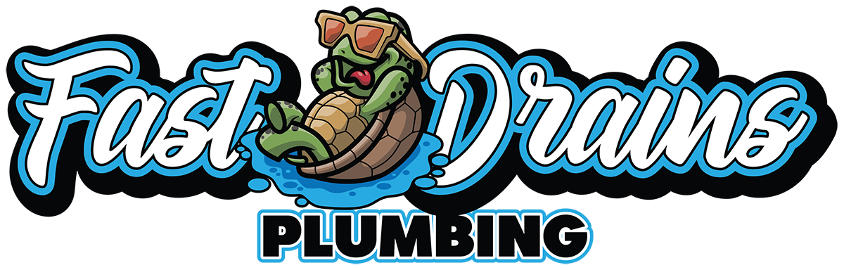 Fast Drains Plumbing logo with a relaxed turtle wearing sunglasses sitting in water between the words Fast and Drains.