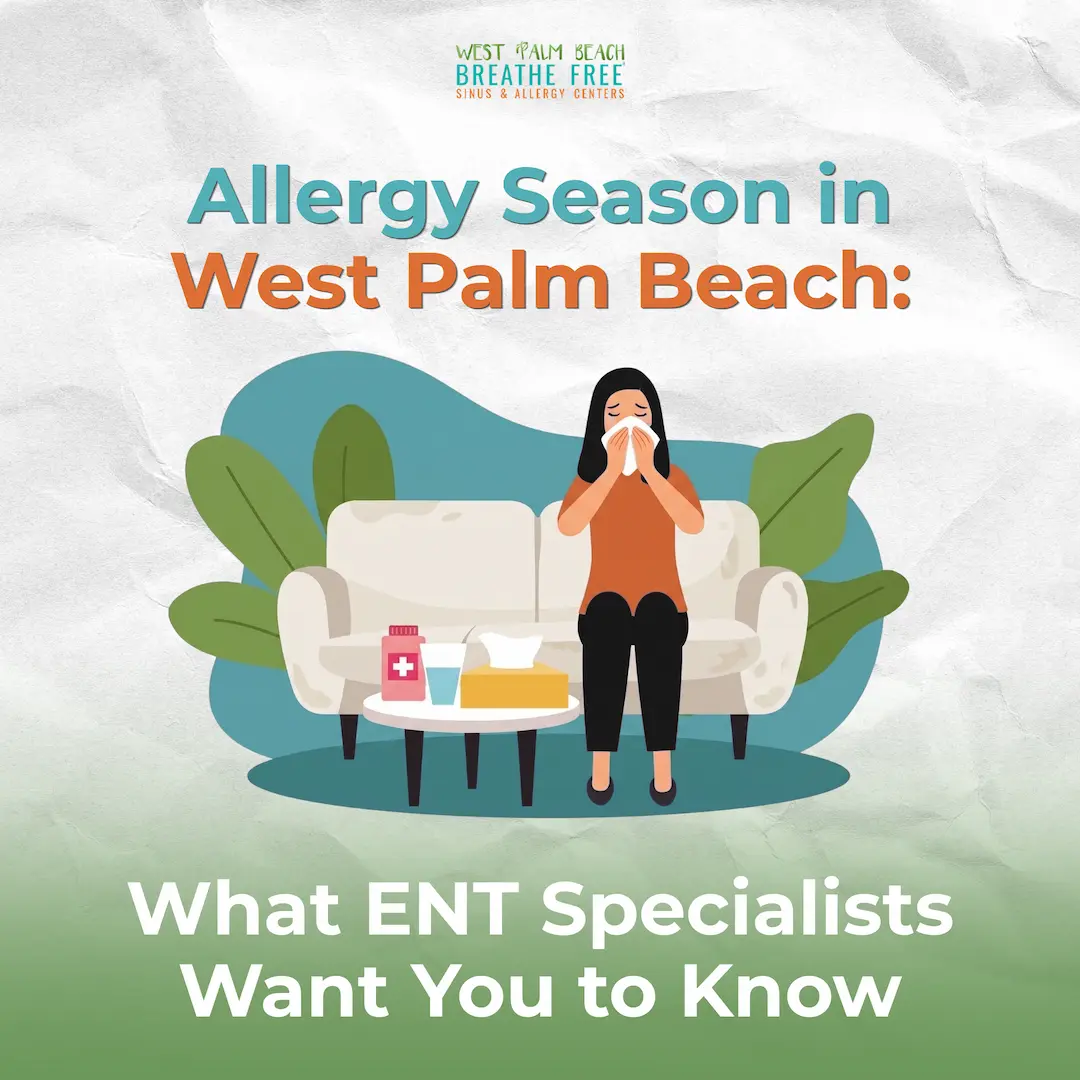 Illustration of a woman sitting on a couch blowing her nose beside a table with tissues and allergy medication.