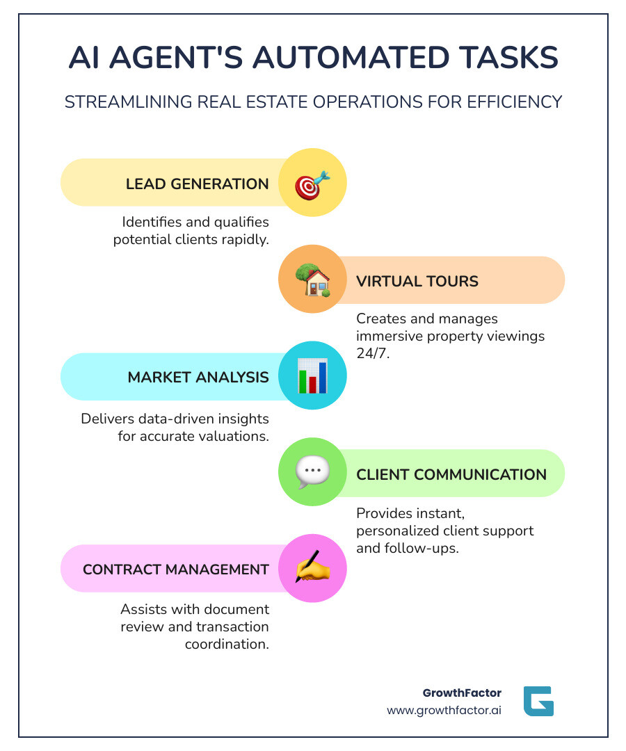 Infographic detailing the key tasks an AI real estate agent can automate, including lead generation, virtual tours, market analysis, client communication, and contract management. - ai real estate agent infographic infographic-line-5-steps-colors