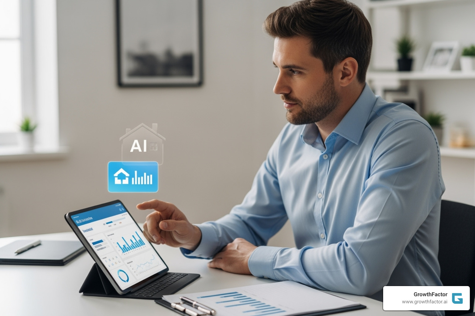 real estate agent collaborating with an AI on a tablet - ai real estate agent