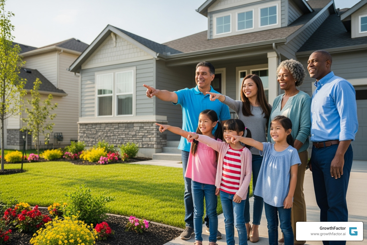 diverse group of people looking happily at a new home - ai real estate agent