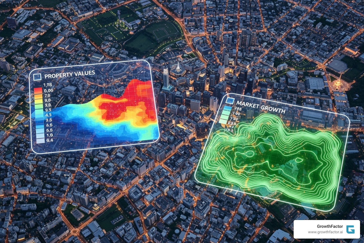map with data overlays showing property values and market growth areas - real estate investment ai