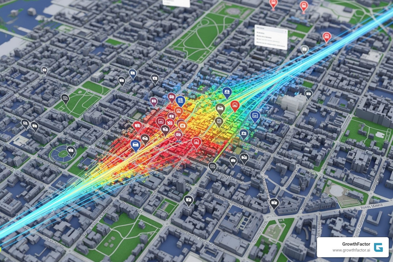 A bird's-eye view image of a detailed map with various pins, data overlays, and charts representing different aspects of retail site analysis, showing demographic heatmaps, traffic flow lines, and competitor locations. - retail location analysis