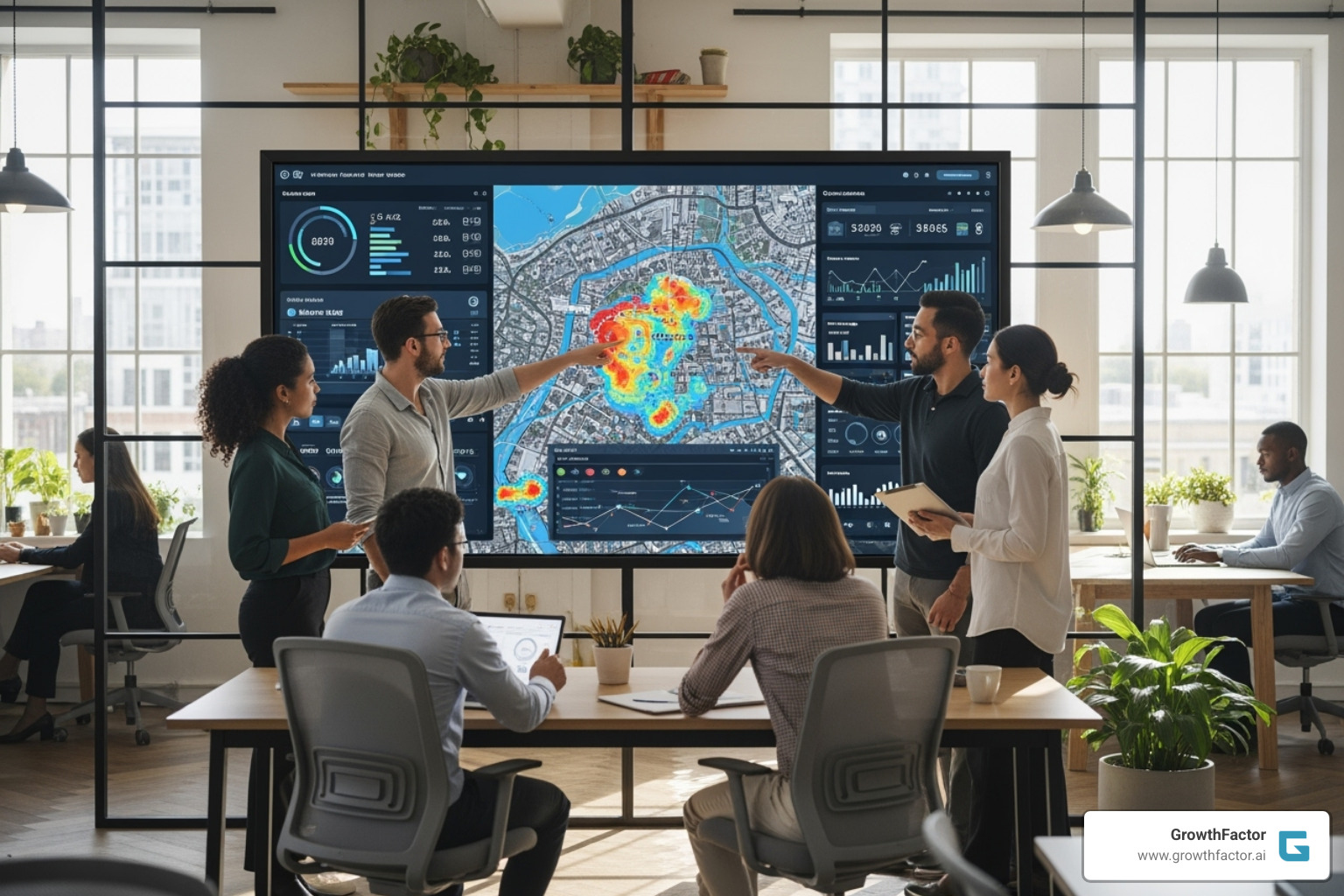 A real estate team collaborating over a large digital map displayed on a screen, with various analytics dashboards showing data visualizations, demographic overlays, and potential site recommendations. - retail location analysis