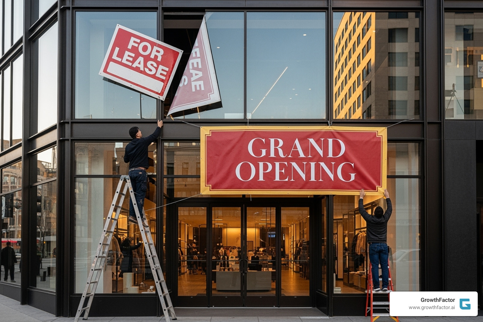 A "For Lease" sign is being replaced by a vibrant "Grand Opening" banner outside a modern, inviting retail storefront, symbolizing new beginnings and successful site selection. - retail location analysis