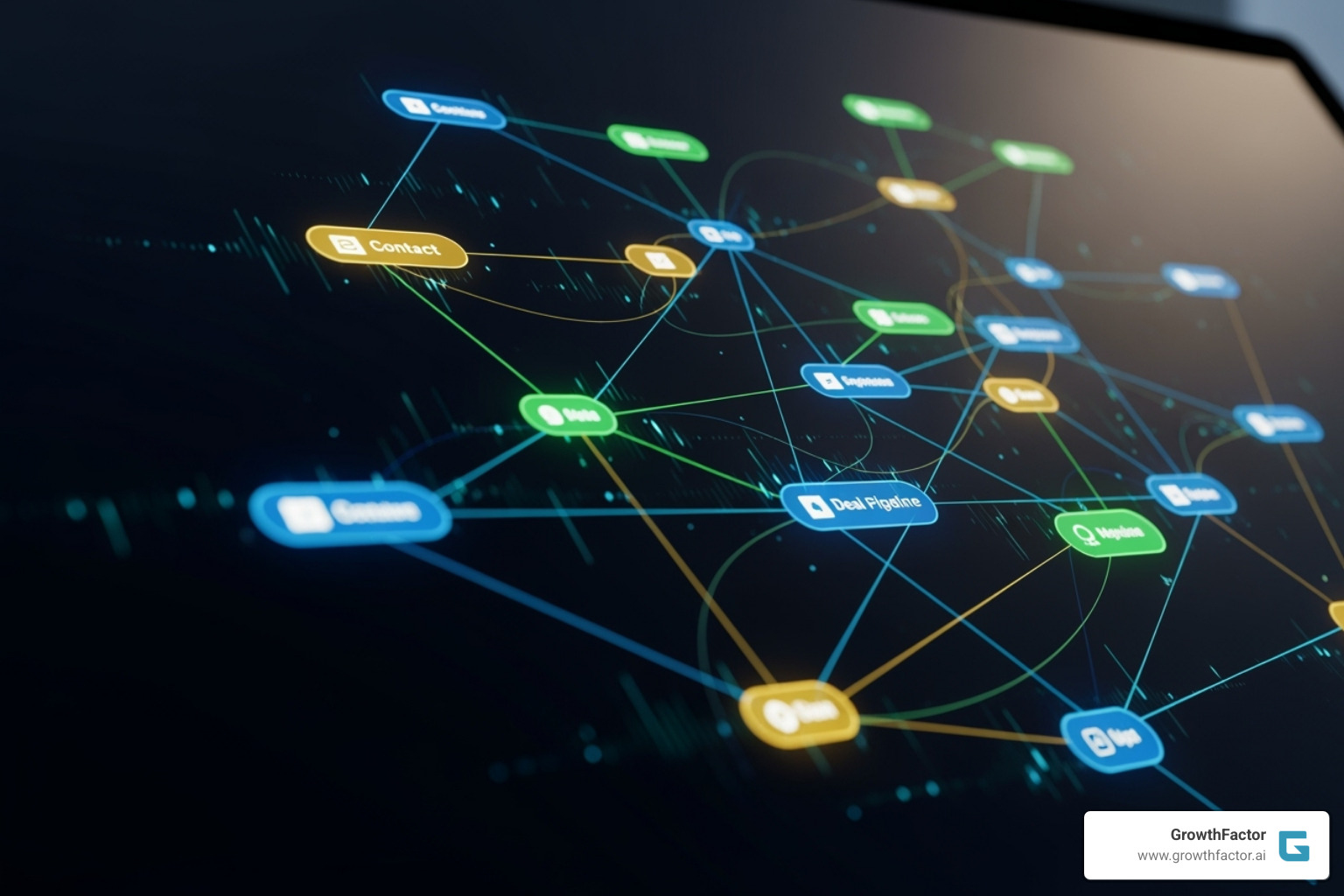 Flowchart showing how different CRM features connect, from contact management to reporting - commercial property CRM