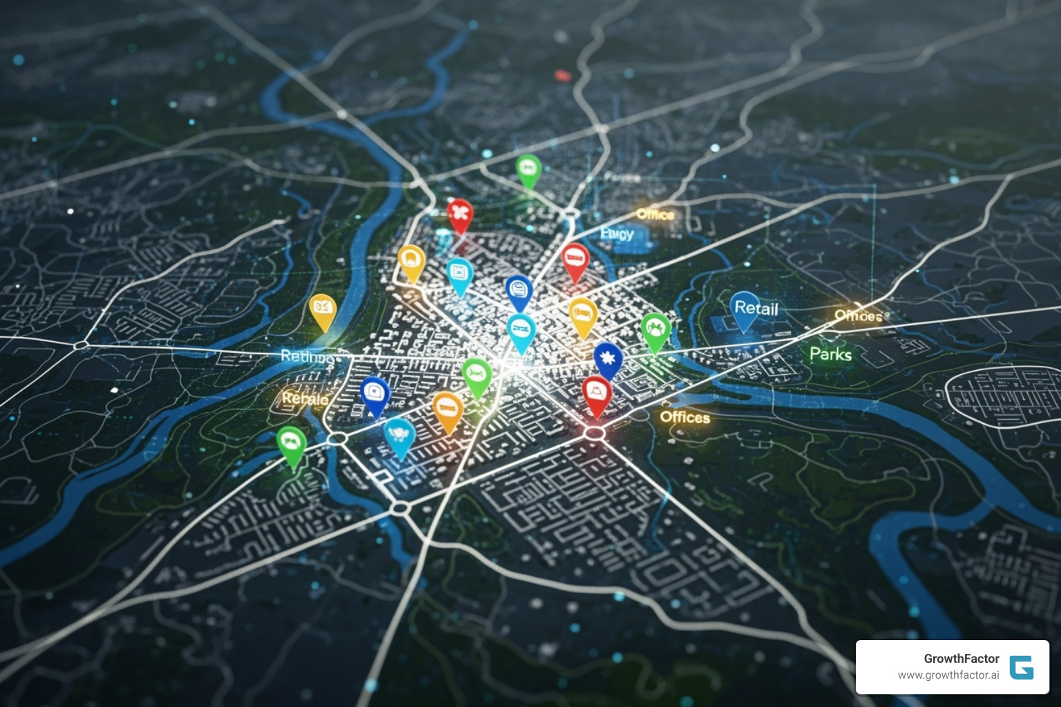 a stylized map with glowing pins representing different types of business locations. - what is site selection a stylized map with glowing pins representing different types of business locations. - what is site selection