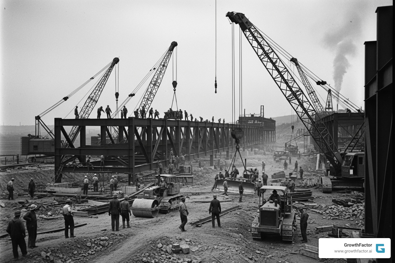 a historical black-and-white photo of a large-scale industrial construction project. - what is site selection a historical black-and-white photo of a large-scale industrial construction project. - what is site selection