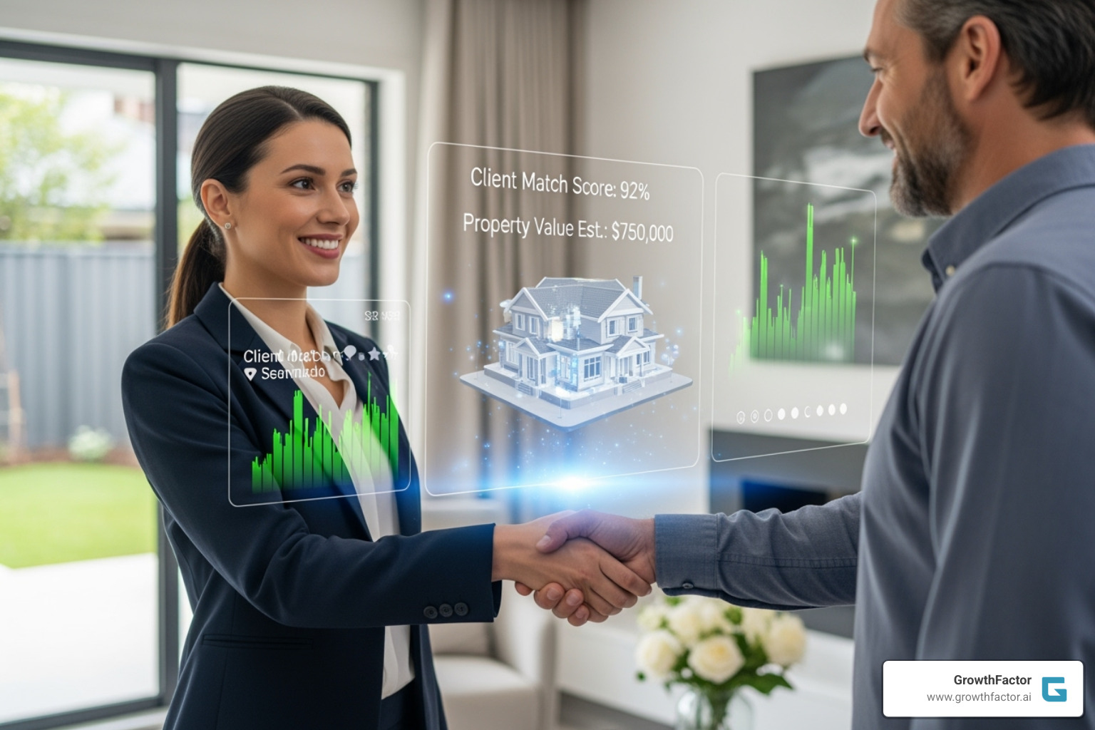 real estate broker shaking hands with client with subtle AI interface overlay - AI for real estate brokers real estate broker shaking hands with client with subtle AI interface overlay - AI for real estate brokers