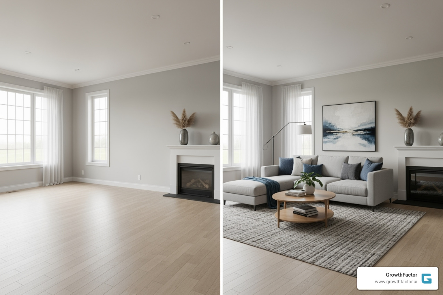 virtually staged living room next to empty original photo - AI for real estate brokers virtually staged living room next to empty original photo - AI for real estate brokers