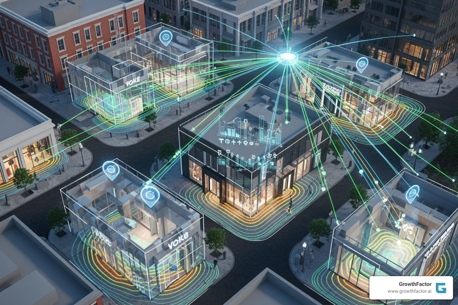Image of a map comparing two potential retail sites with data callouts showing demographic overlays, foot traffic intensity, and competitor proximity - store location analytics