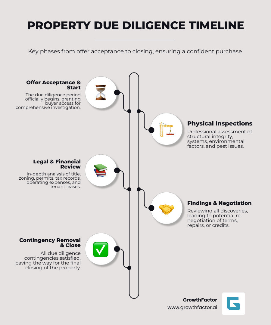 Comprehensive property due diligence process showing timeline from offer acceptance through physical inspections, legal reviews, financial analysis, and final decision making with typical timeframes for each phase - Property due diligence infographic infographic-line-5-steps-neat_beige Comprehensive property due diligence process showing timeline from offer acceptance through physical inspections, legal reviews, financial analysis, and final decision making with typical timeframes for each phase - Property due diligence infographic infographic-line-5-steps-neat_beige