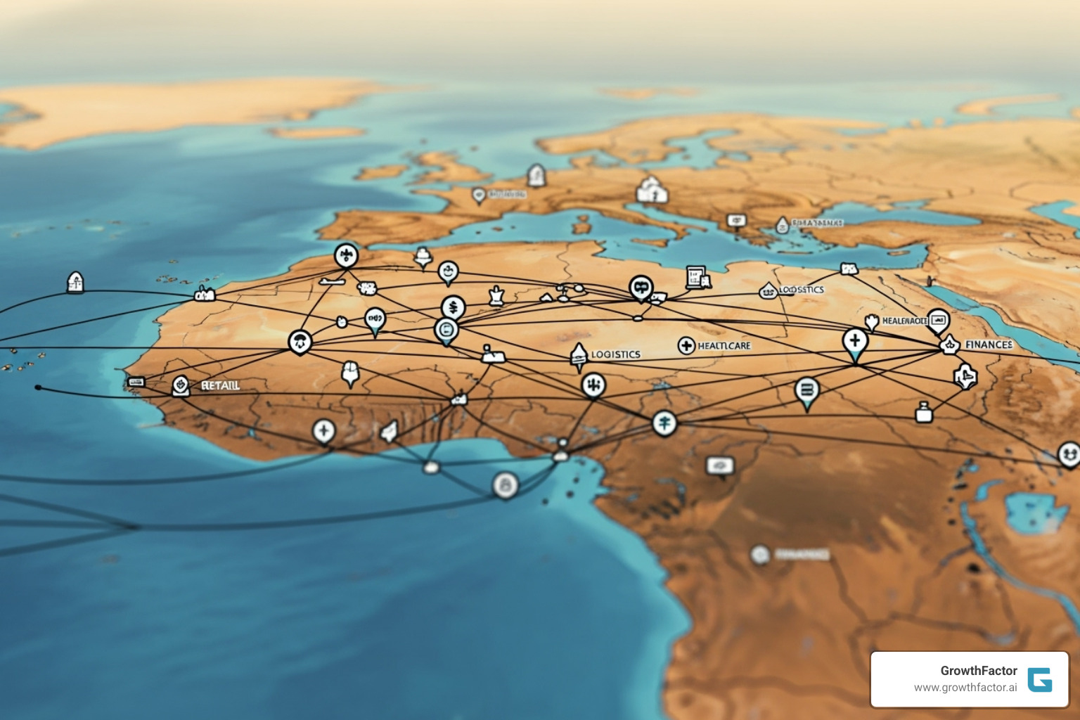 A map showing various industry icons like retail, logistics, healthcare, and finance, highlighting their interconnectedness through location intelligence - location intelligence software A map showing various industry icons like retail, logistics, healthcare, and finance, highlighting their interconnectedness through location intelligence - location intelligence software