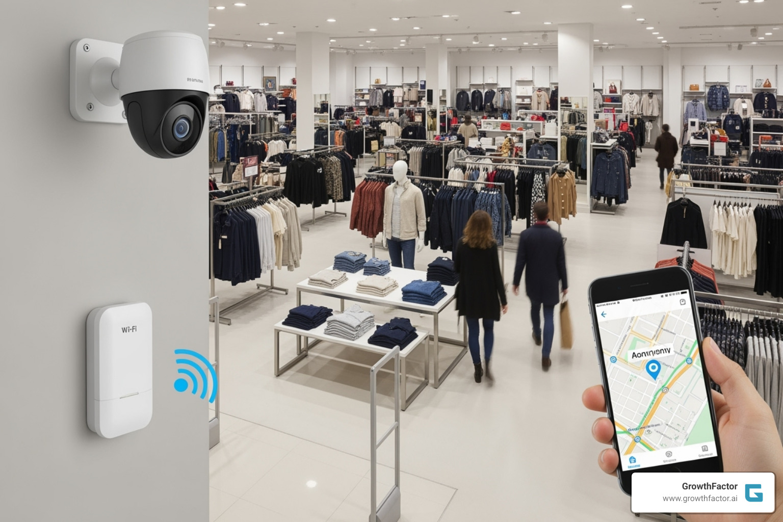 Image illustrating different data collection methods like sensors and mobile pings - retail foot traffic data Image illustrating different data collection methods like sensors and mobile pings - retail foot traffic data