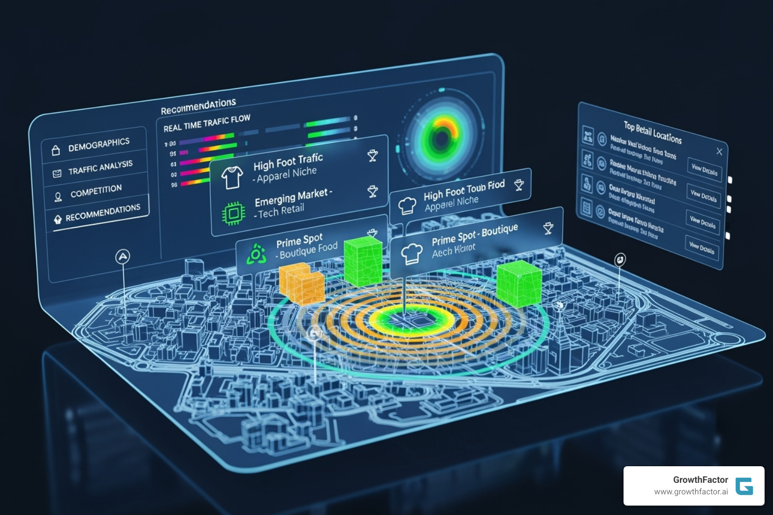 futuristic UI showing AI-driven location recommendations - retail site selection software futuristic UI showing AI-driven location recommendations - retail site selection software
