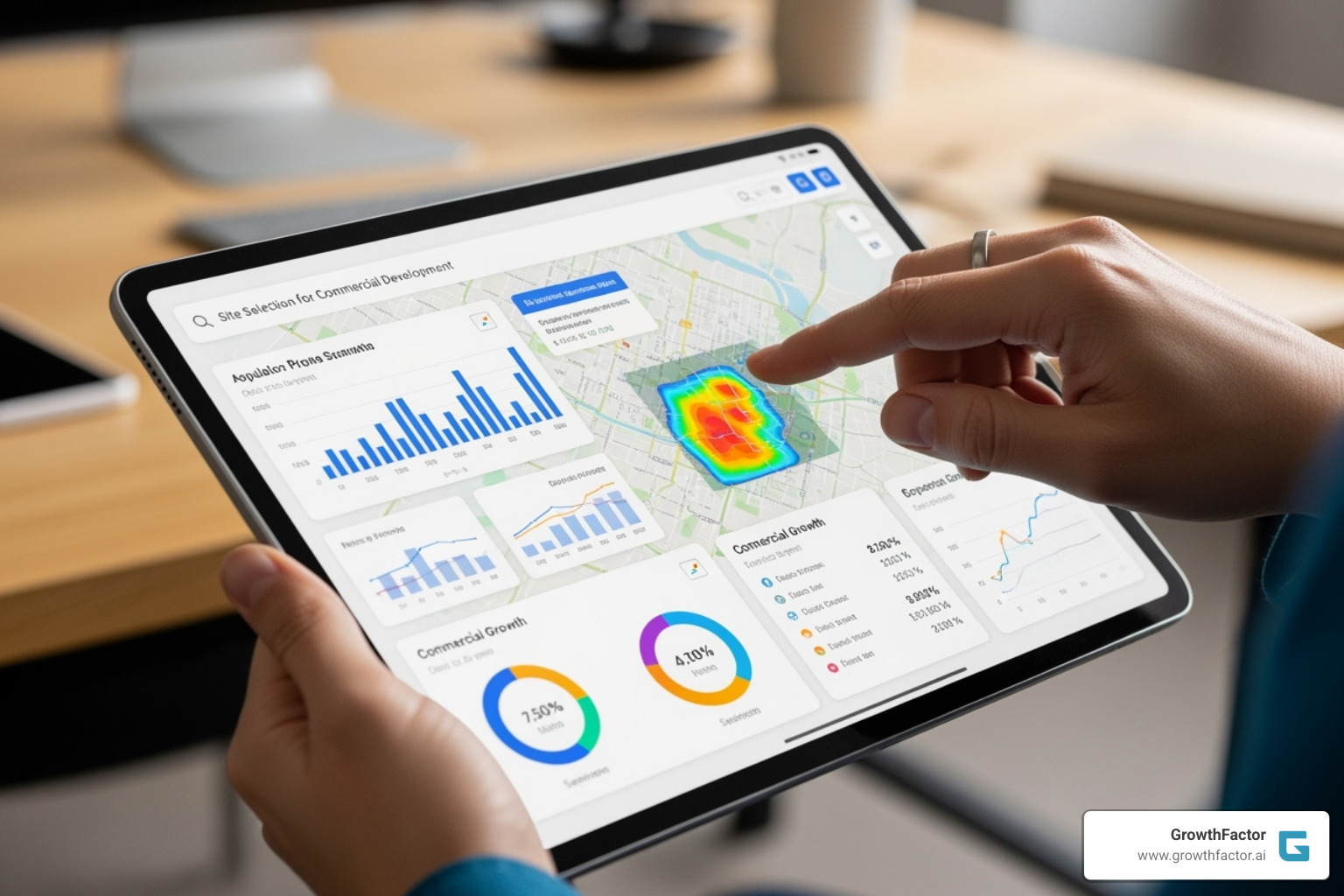 A user interacting with an AI-powered real estate analytics platform on a tablet, showcasing modern site selection tools - site selection analysis A user interacting with an AI-powered real estate analytics platform on a tablet, showcasing modern site selection tools - site selection analysis