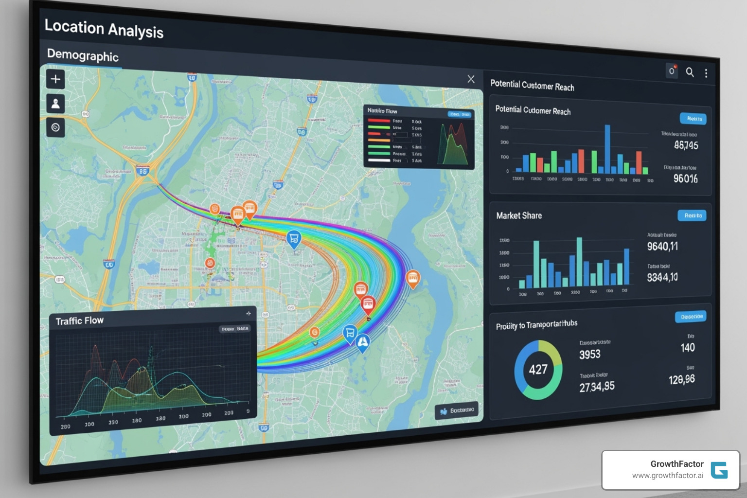 A location analysis dashboard showing different data layers, including demographics, traffic patterns, and competitor locations. - retail site selection analysis A location analysis dashboard showing different data layers, including demographics, traffic patterns, and competitor locations. - retail site selection analysis