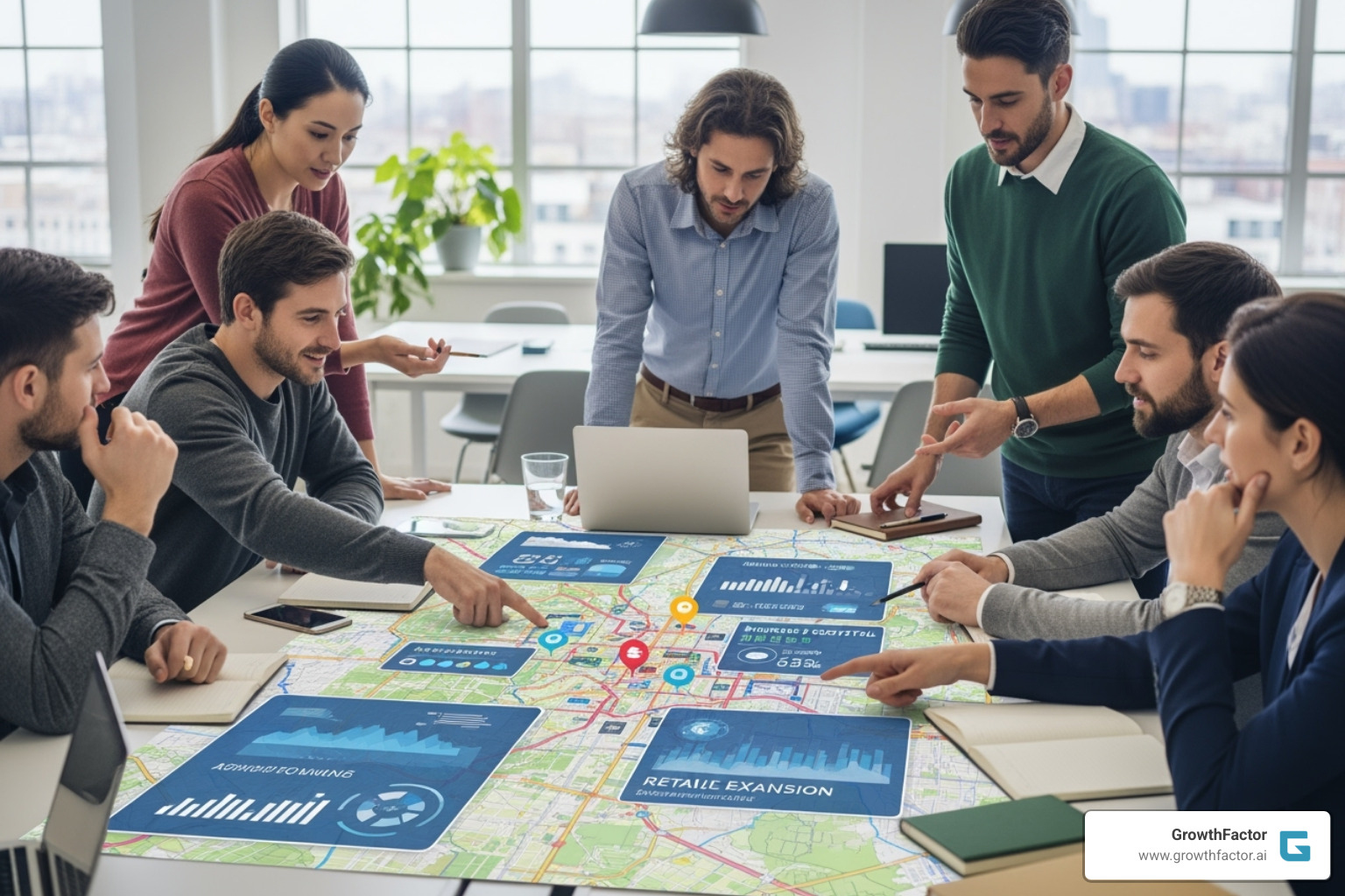 A team collaborating over a map with data overlays, highlighting key insights for retail expansion. - retail site selection analysis A team collaborating over a map with data overlays, highlighting key insights for retail expansion. - retail site selection analysis