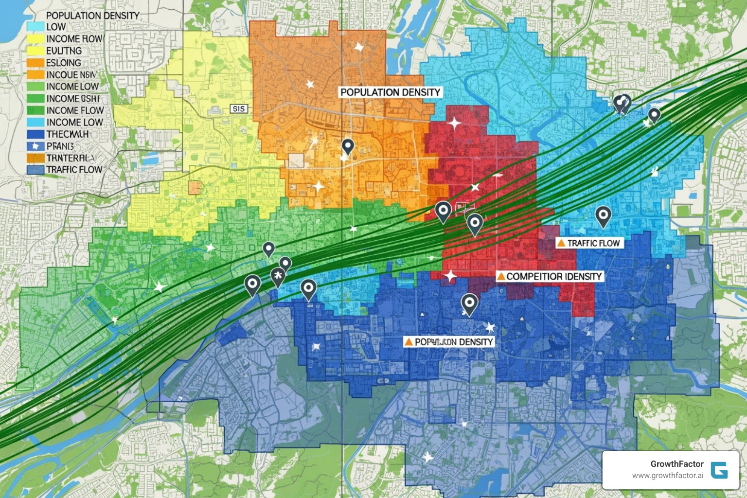 GIS map showing various data layers like population density, income levels, traffic routes, competitor locations, and points of interest - Data driven site selection GIS map showing various data layers like population density, income levels, traffic routes, competitor locations, and points of interest - Data driven site selection