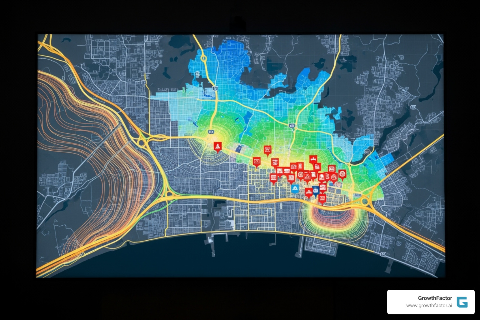 GIS map with multiple data layers (demographics, traffic, competitors) - market area