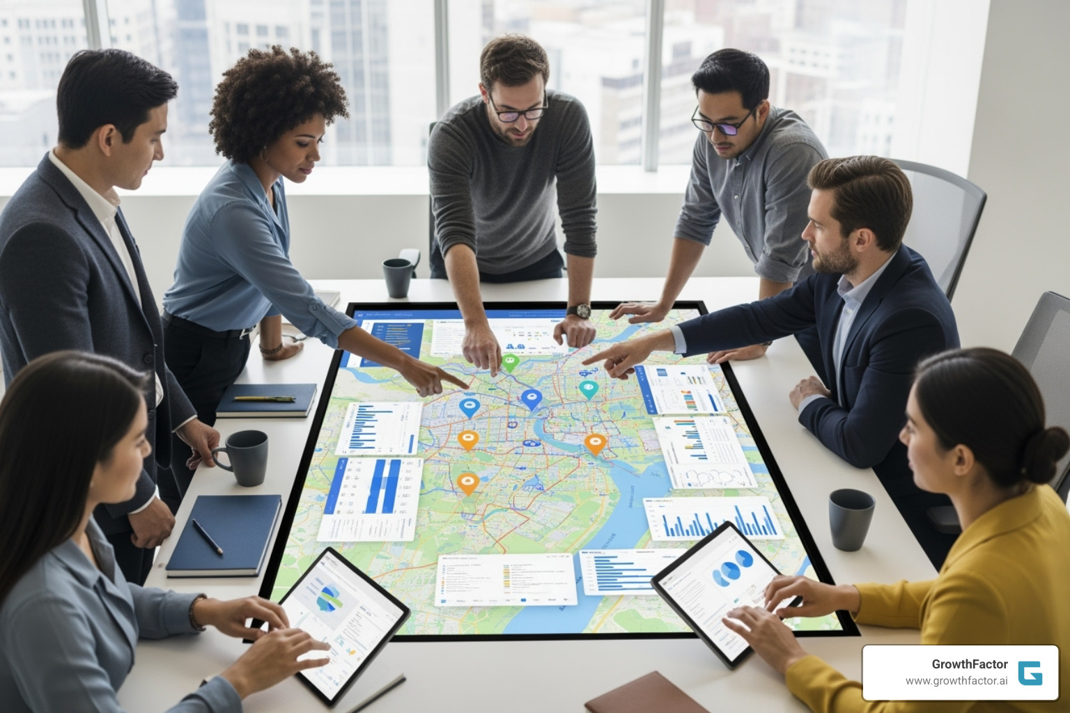 team collaborating over a map with site markers and data overlays - Demographic site analysis