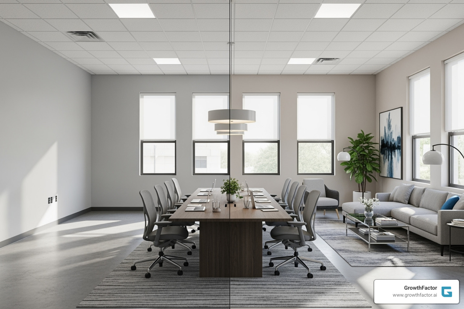 commercial space shown empty and then virtually staged - ai real estate software