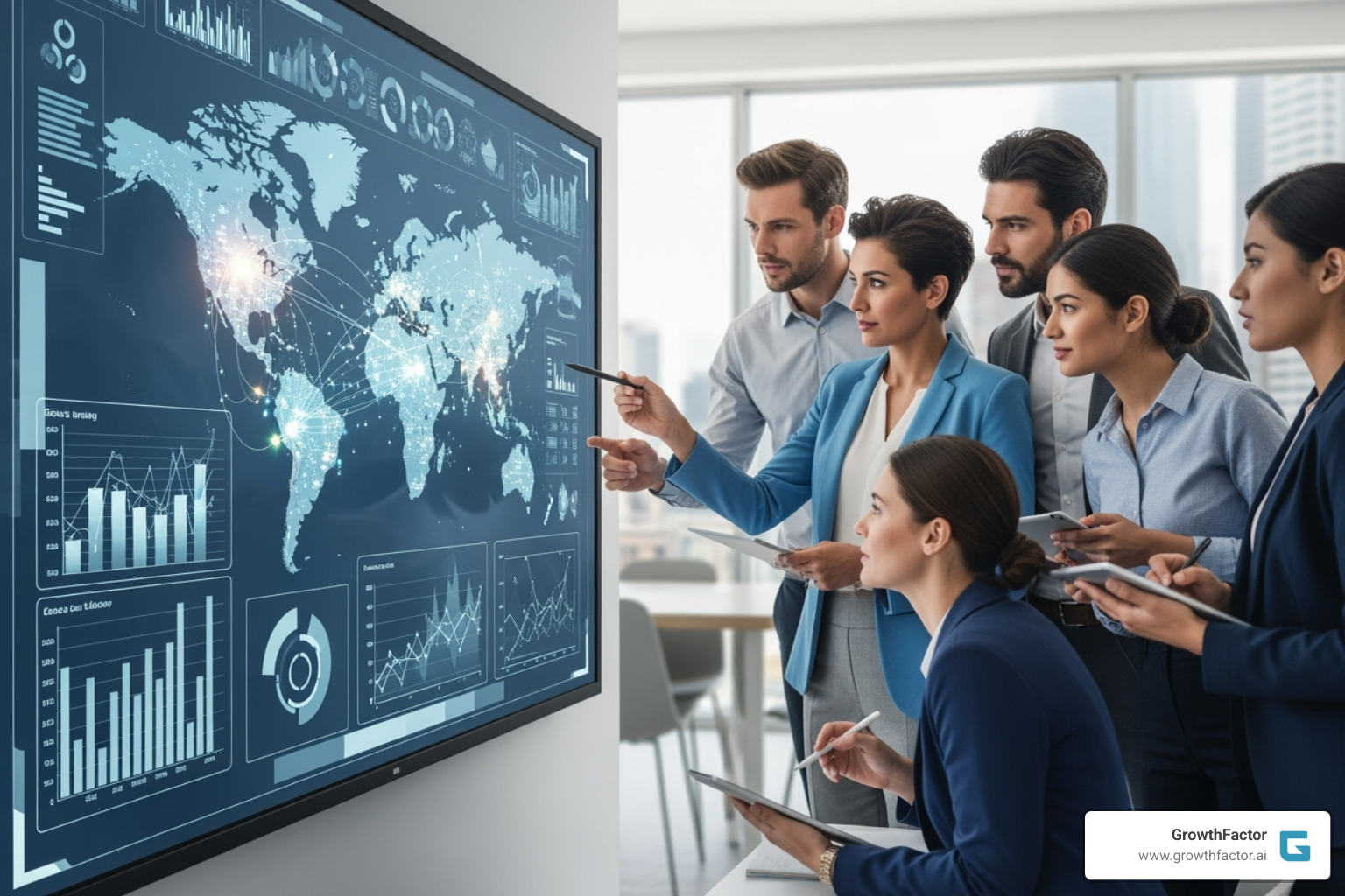 Team of professionals analyzing maps and data on a large screen