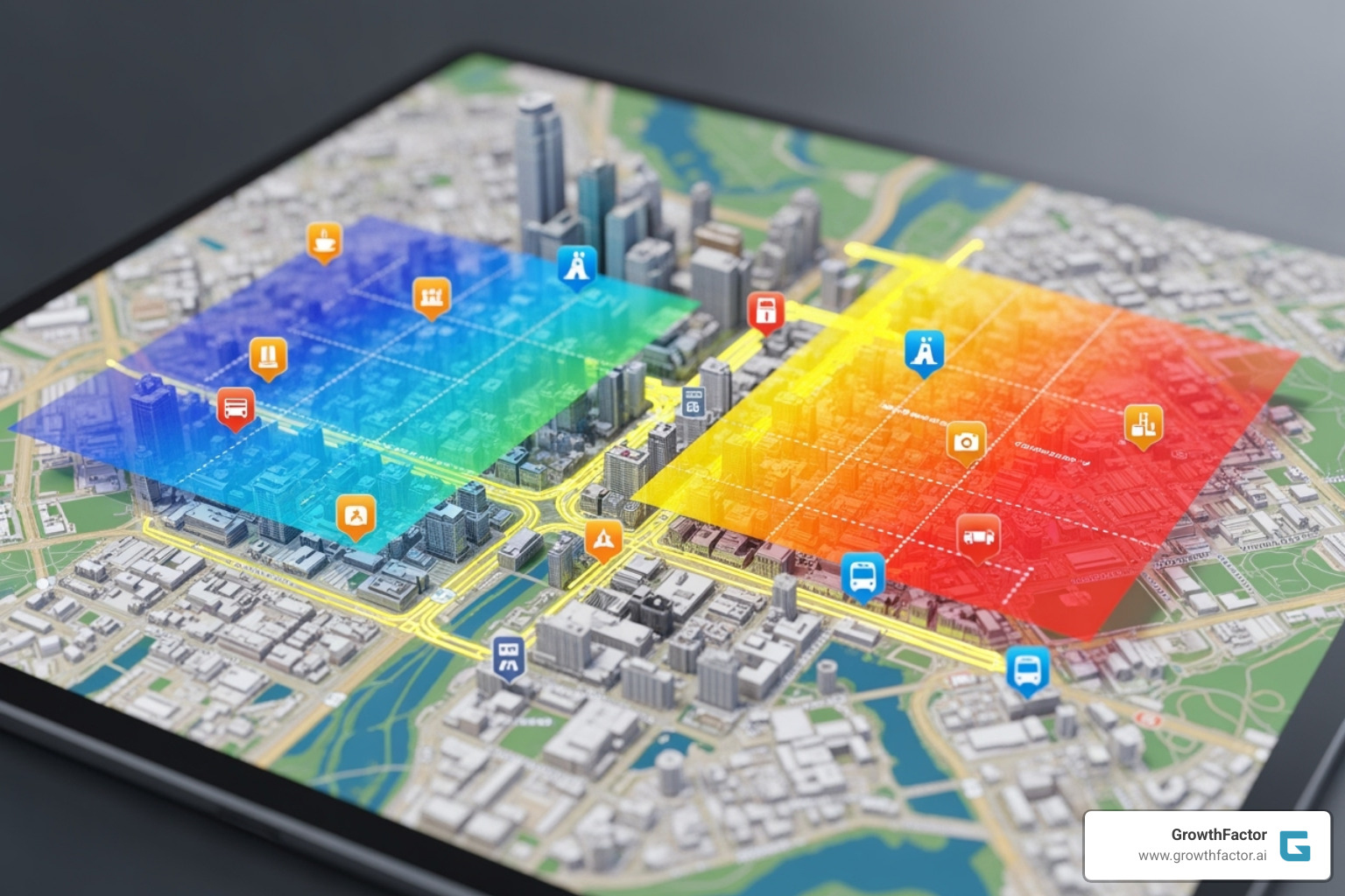 Image of a map showing different data layers like demographics, foot traffic, and points of interest - Location intelligence platform Image of a map showing different data layers like demographics, foot traffic, and points of interest - Location intelligence platform