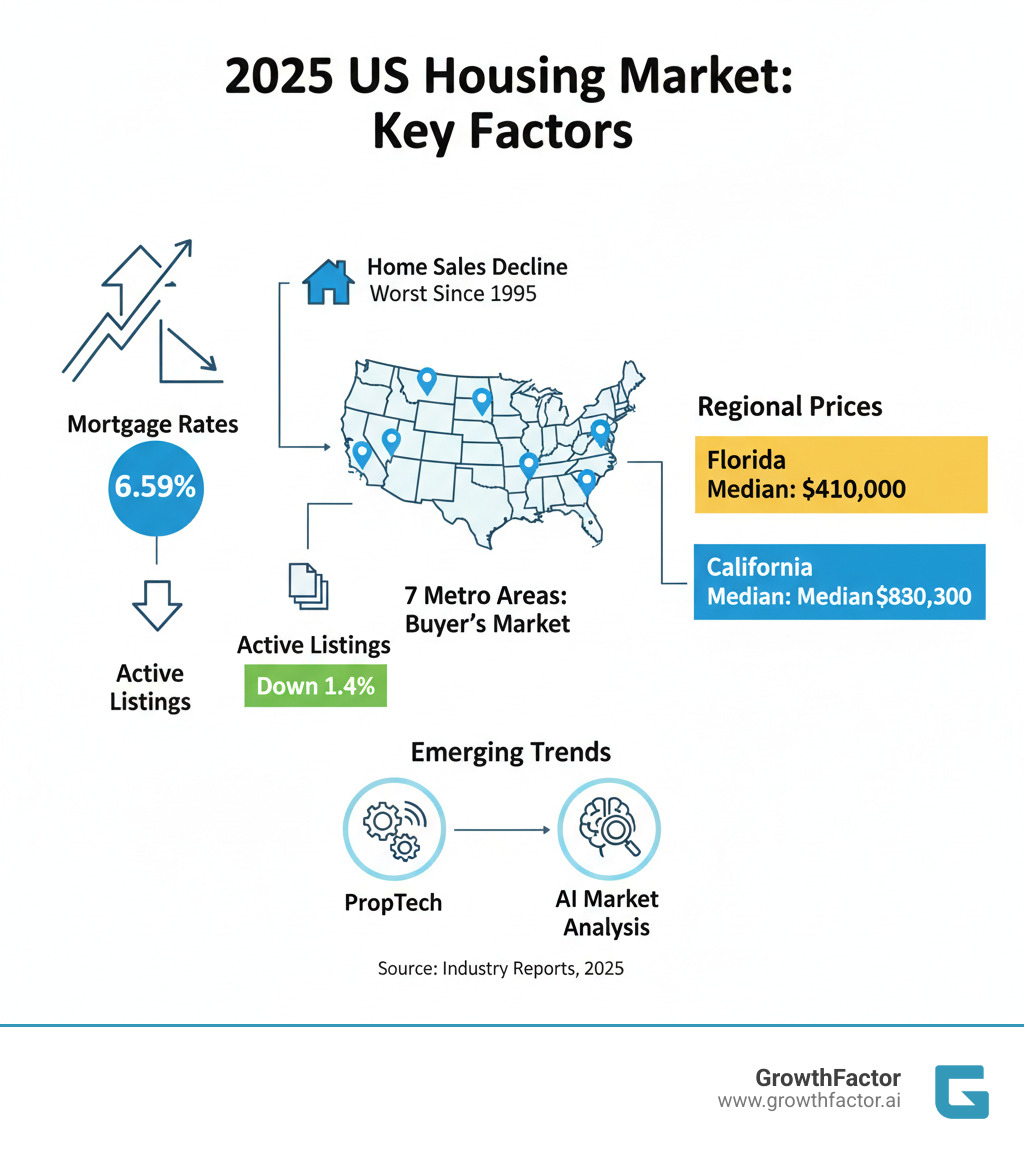 Infographic showing key factors influencing the 2025 US housing market including mortgage rates at 6.59%, home sales declining to worst levels since 1995, seven metro areas becoming buyer's markets, active listings dropping 1.4%, regional price variations with Florida median at $410,000 and California at $830,300, and emerging trends in PropTech and AI-driven market analysis - Real estate market trends? infographic  Infographic showing key factors influencing the 2025 US housing market including mortgage rates at 6.59%, home sales declining to worst levels since 1995, seven metro areas becoming buyer's markets, active listings dropping 1.4%, regional price variations with Florida median at $410,000 and California at $830,300, and emerging trends in PropTech and AI-driven market analysis - Real estate market trends? infographic