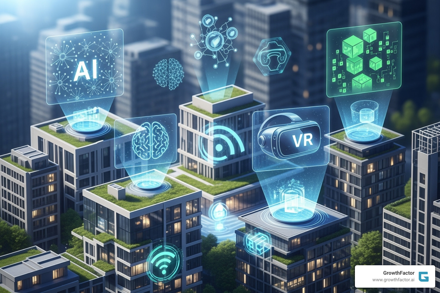 futuristic icons representing AI, VR, and blockchain in real estate - Real estate market trends? futuristic icons representing AI, VR, and blockchain in real estate - Real estate market trends?