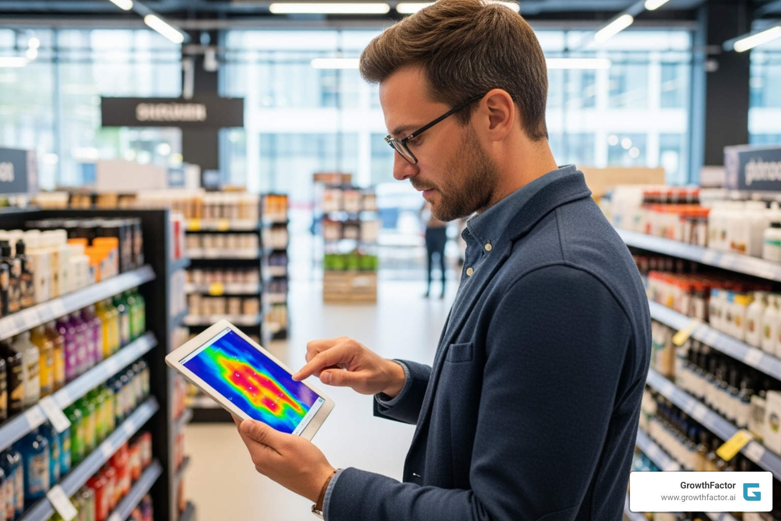 analyst reviewing a heat map of a retail store on a tablet - Foot traffic analysis? analyst reviewing a heat map of a retail store on a tablet - Foot traffic analysis?