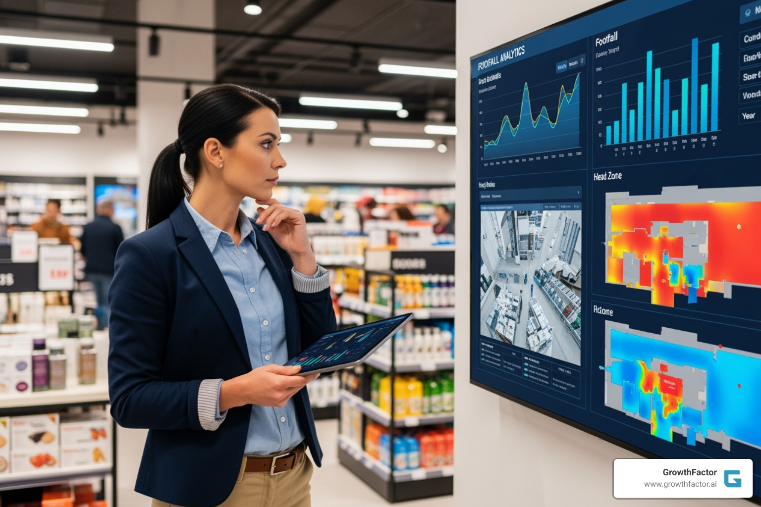 Retail manager looking at a dashboard with footfall analytics charts and heatmaps - footfall analytics Retail manager looking at a dashboard with footfall analytics charts and heatmaps - footfall analytics