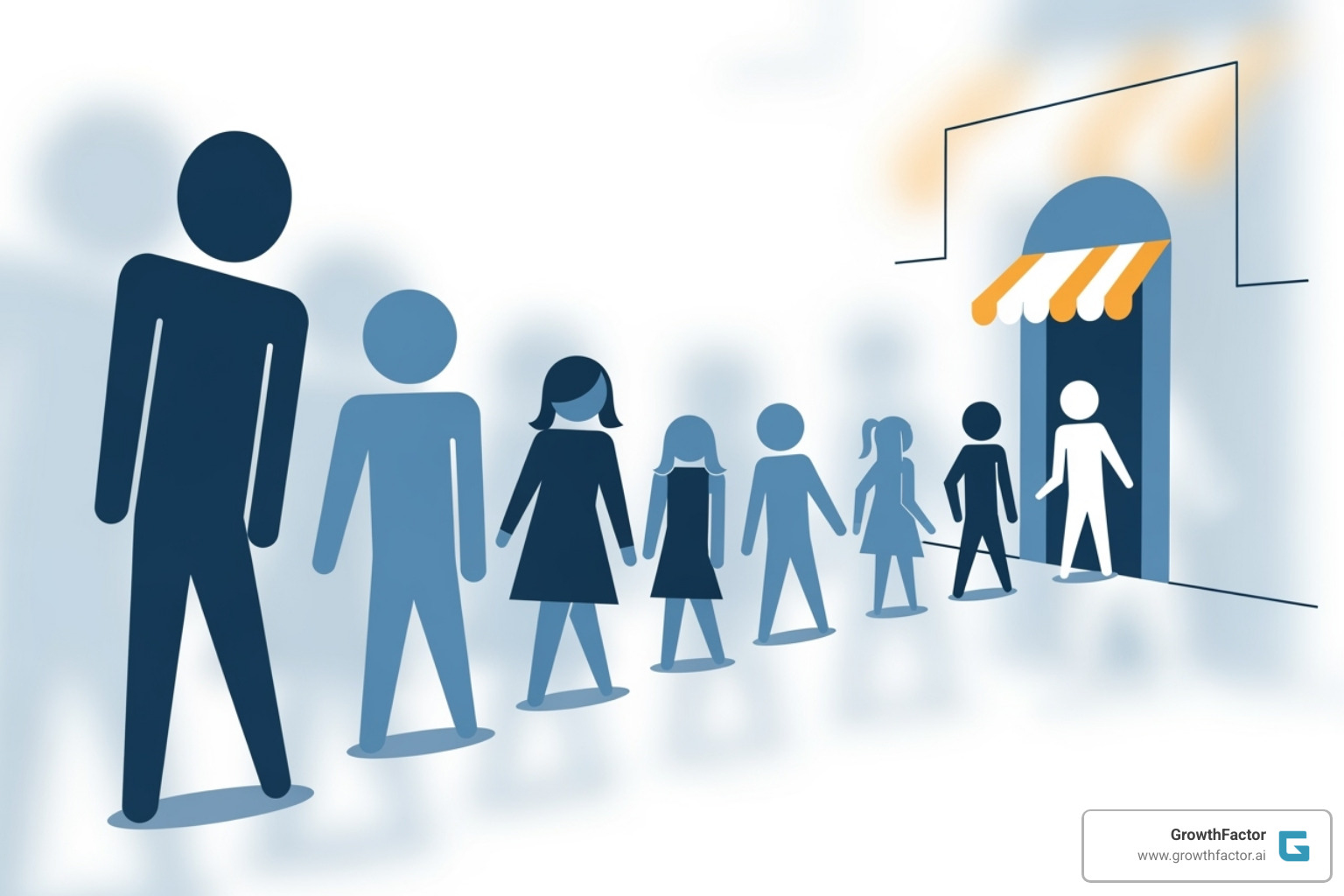 Illustration of the concept of footfall with icons of people entering a defined store area - footfall analytics Illustration of the concept of footfall with icons of people entering a defined store area - footfall analytics