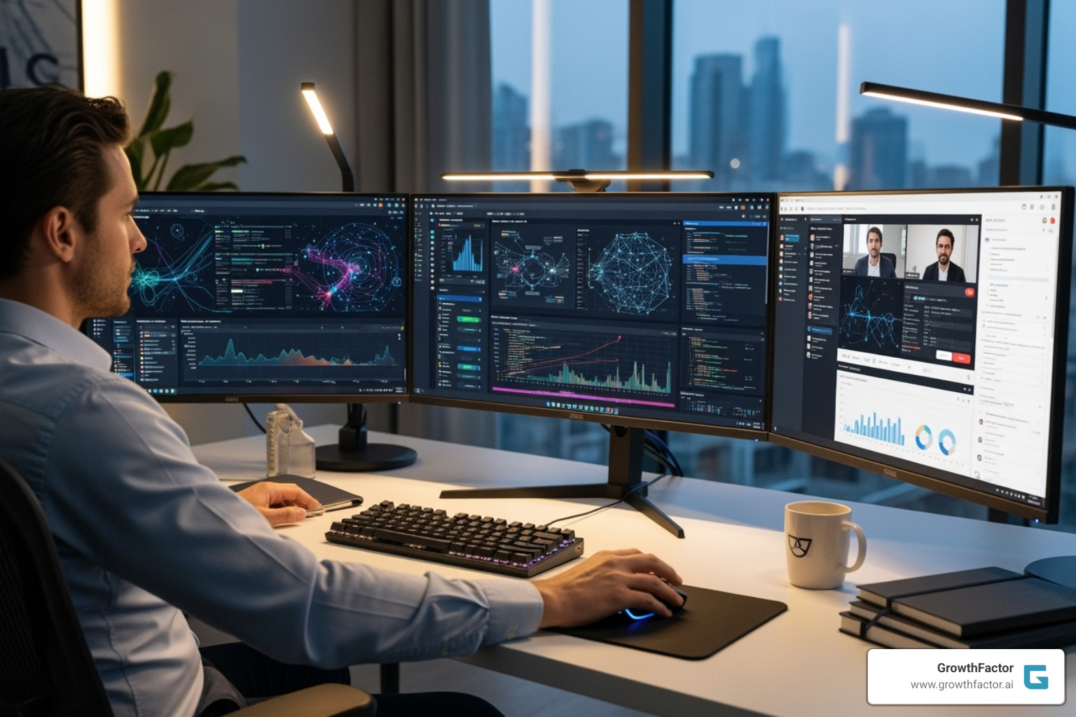 Professional interacting with a multi-screen AI software interface - commercial real estate ai asset management software Professional interacting with a multi-screen AI software interface - commercial real estate ai asset management software