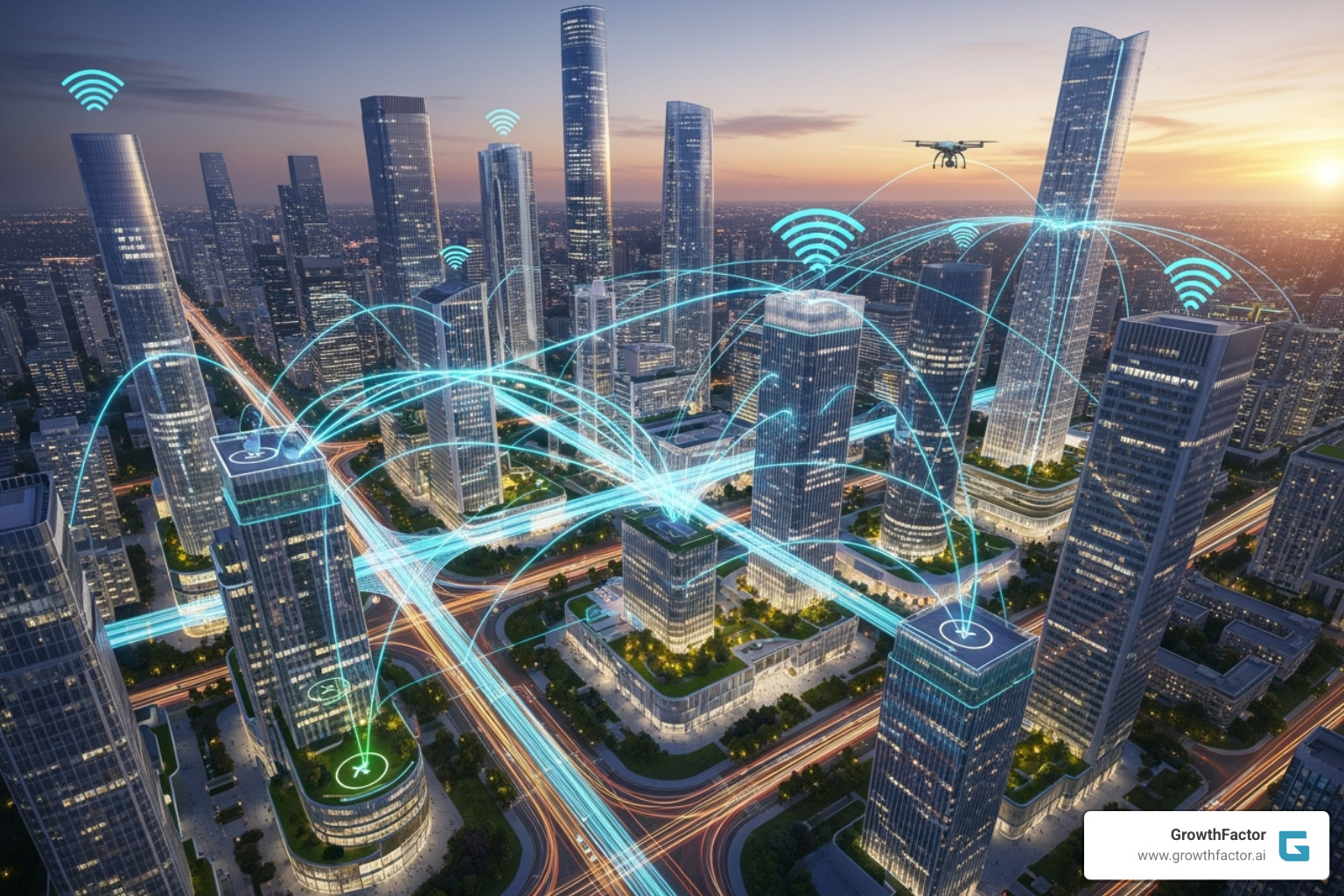 Smart city with data streams connecting buildings, representing advanced real estate automation and IoT integration - commercial real estate automation Smart city with data streams connecting buildings, representing advanced real estate automation and IoT integration - commercial real estate automation