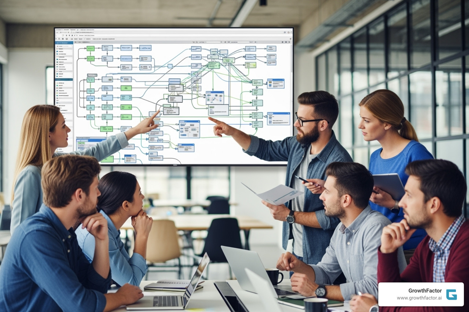 Team collaborating around a screen showing an automation workflow builder - commercial real estate automation Team collaborating around a screen showing an automation workflow builder - commercial real estate automation