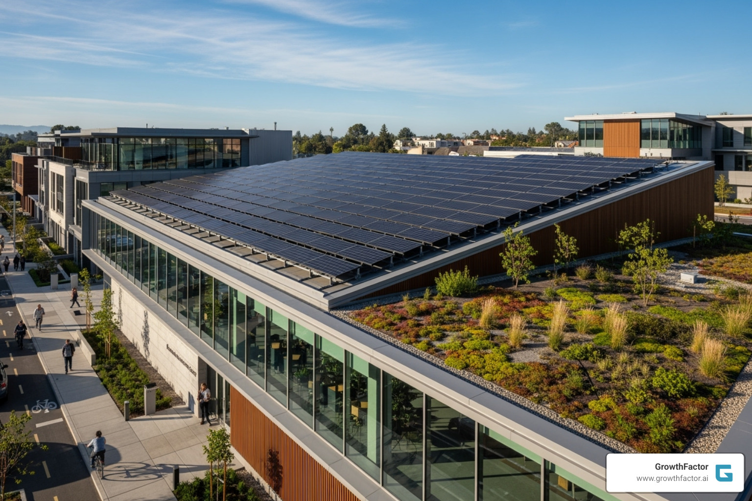 Building with solar panels and green roof - future proof real estate Building with solar panels and green roof - future proof real estate