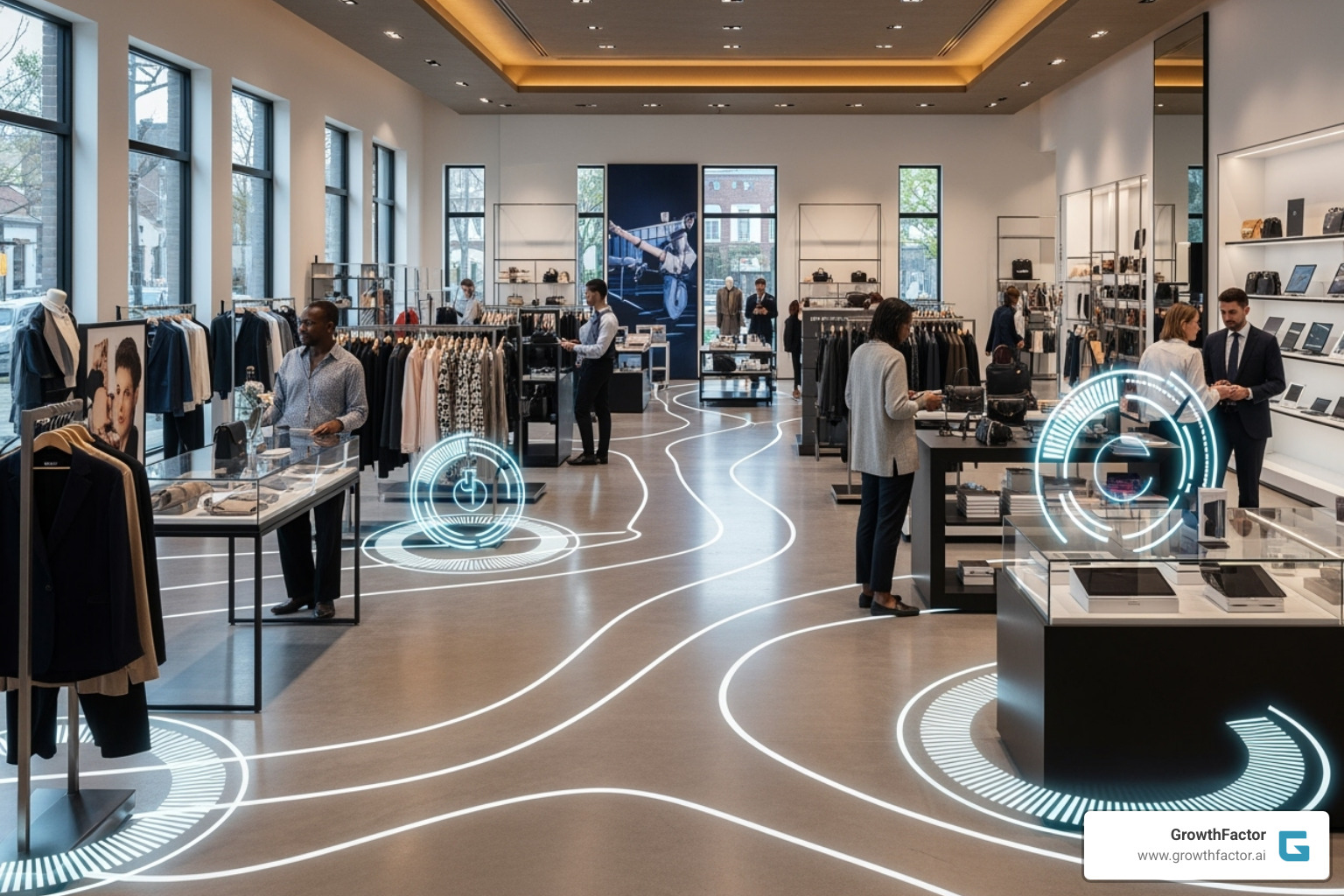 modern retail store interior with data overlays showing foot traffic and sales hotspots - Retail analytics platform modern retail store interior with data overlays showing foot traffic and sales hotspots - Retail analytics platform