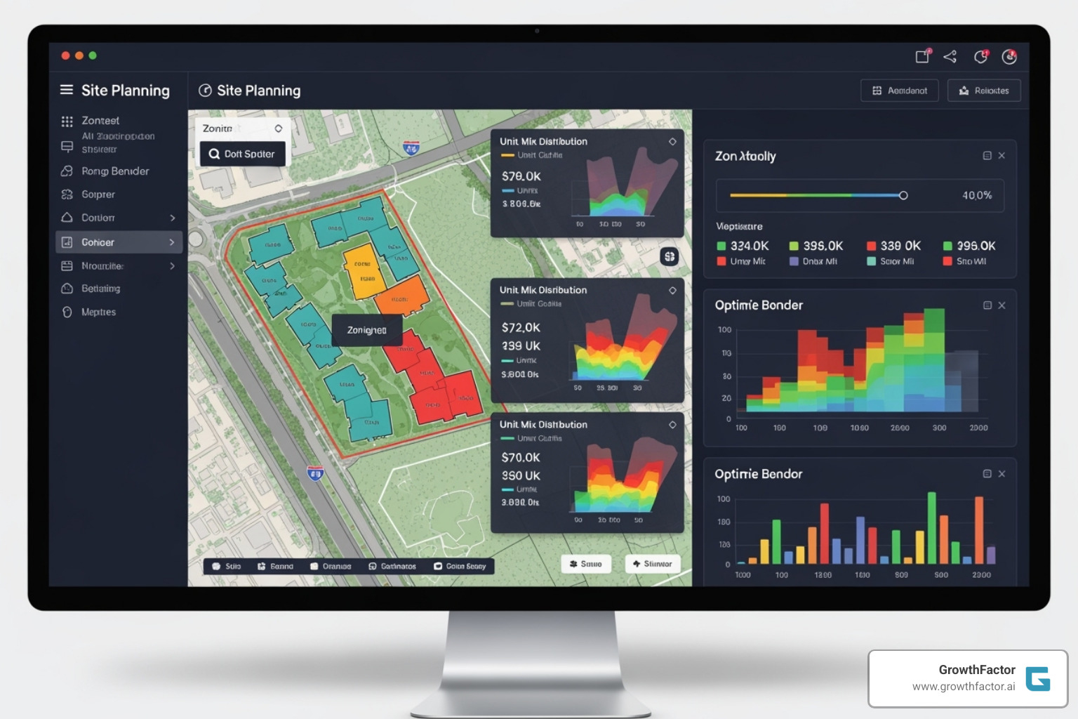 AI platform interface showing multiple, optimized site layout options for a single parcel, with overlays for zoning, unit mix, and financial metrics - site planning
