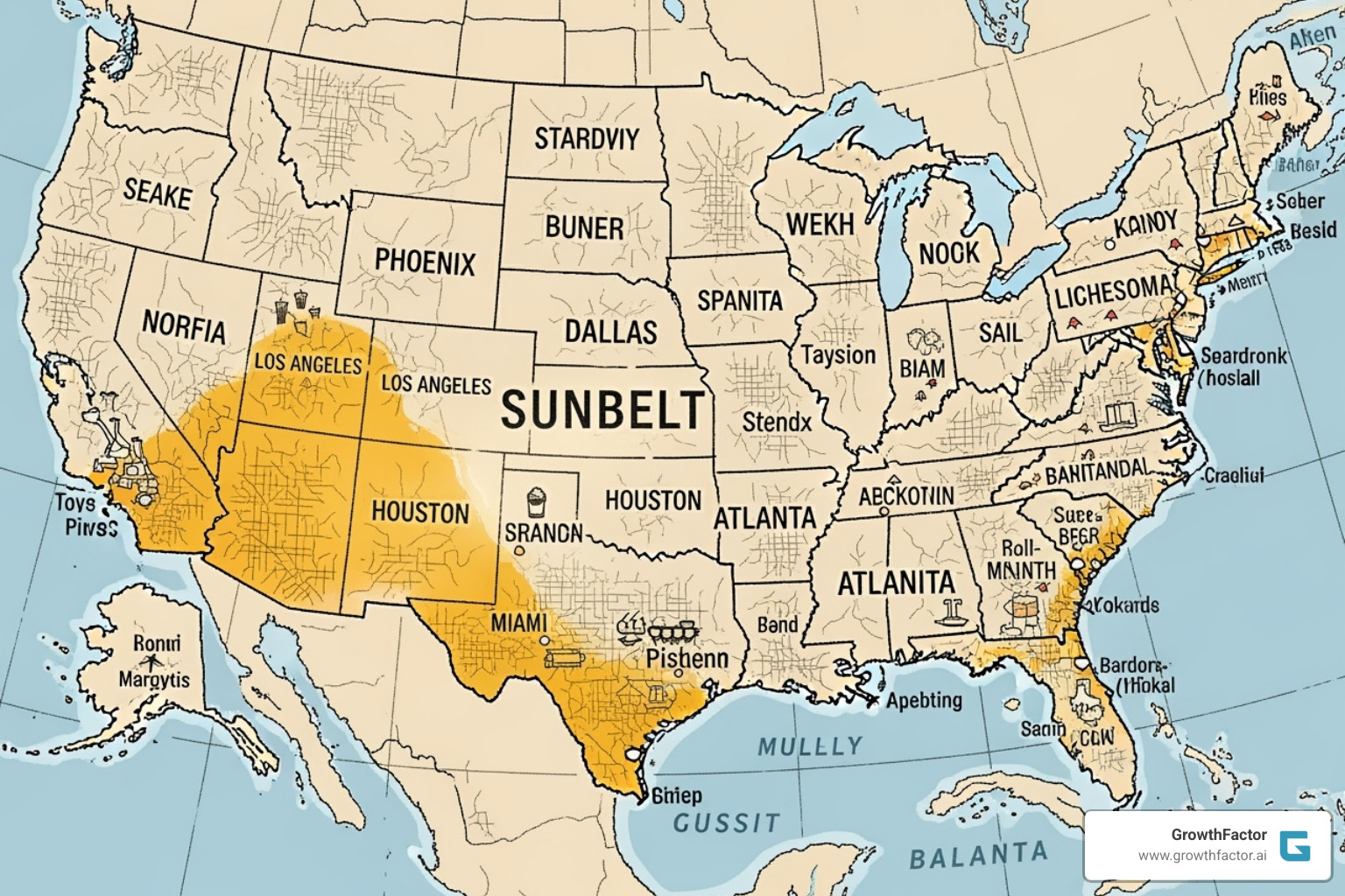 map of the United States highlighting growth in the Sunbelt region - Real estate development insights map of the United States highlighting growth in the Sunbelt region - Real estate development insights