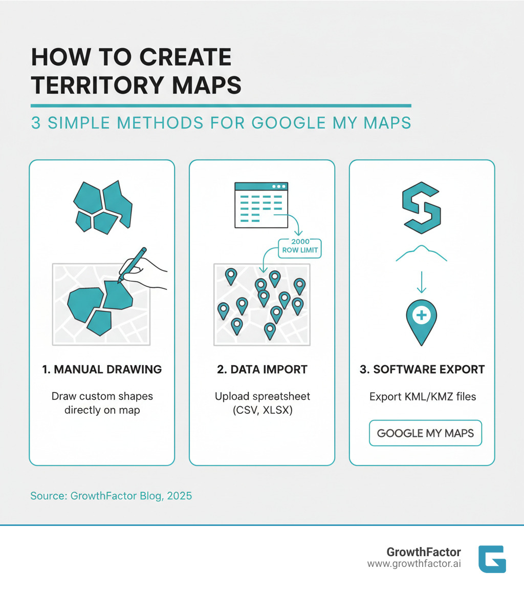 infographic showing three methods for creating territory maps: method 1 shows a hand drawing polygon shapes on a map labeled manual drawing, method 2 shows a spreadsheet being uploaded with an arrow pointing to map pins labeled data import with 2000 row limit, method 3 shows specialized software icon exporting KML files to Google My Maps labeled software export - how to create a territory map in google maps infographic 